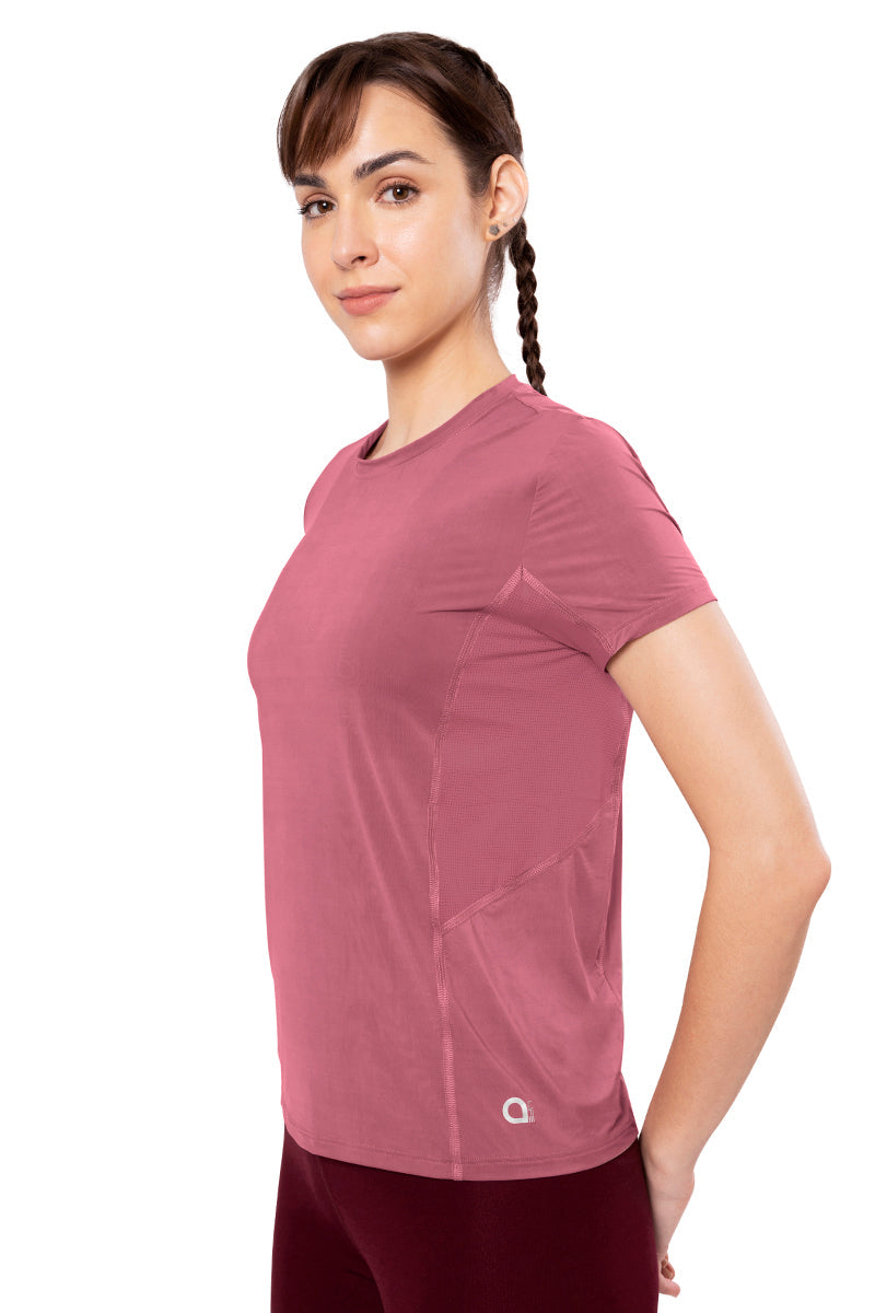 Flaunt Short Sleeve Round Neck Workout T-Shirt - Heather Rose