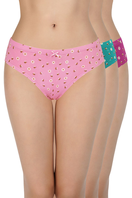Inner Elastic Waistband Bikini Assorted Panty (Pack of 3 Colors & Prints May Vary)