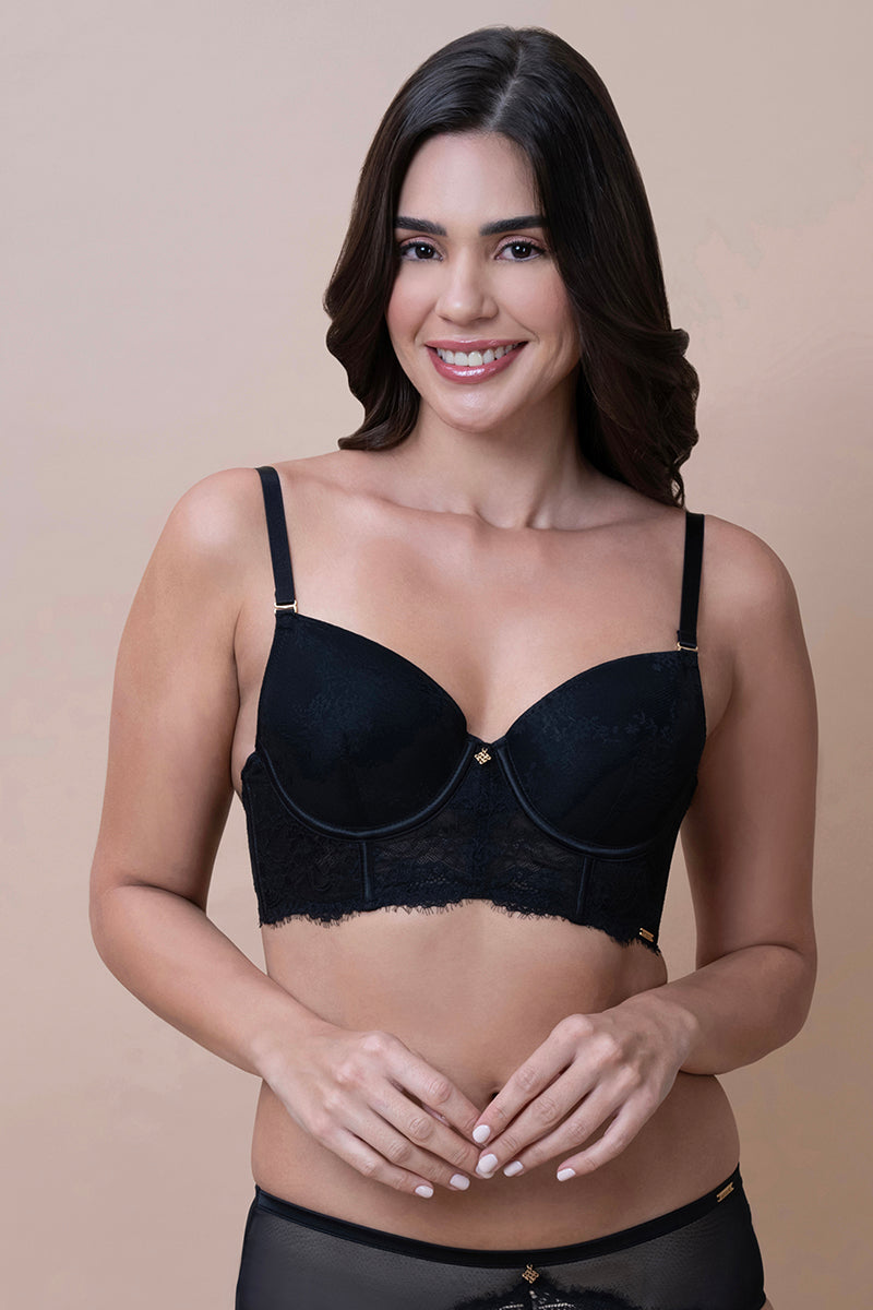 Amore Padded Wired Demi Longline Bra - Black - Image 1 of 5