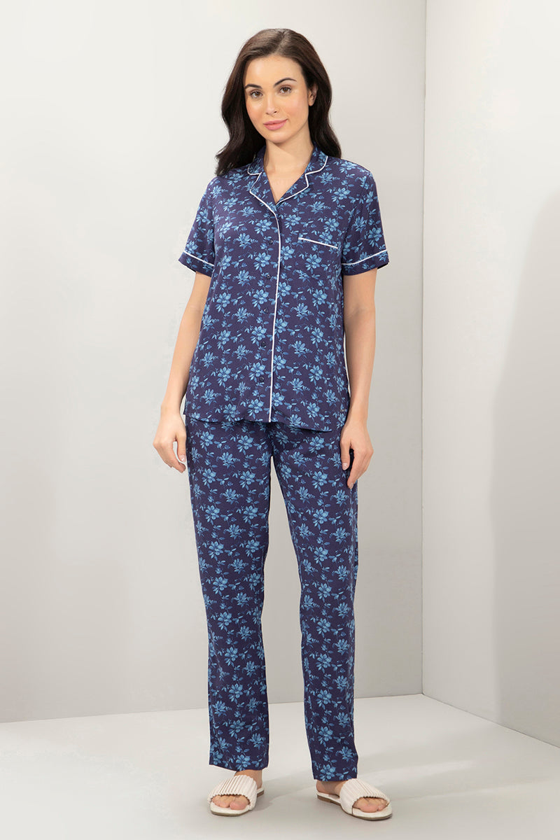 Half-Sleeves Sleep PJ Set - Blue Floral Print