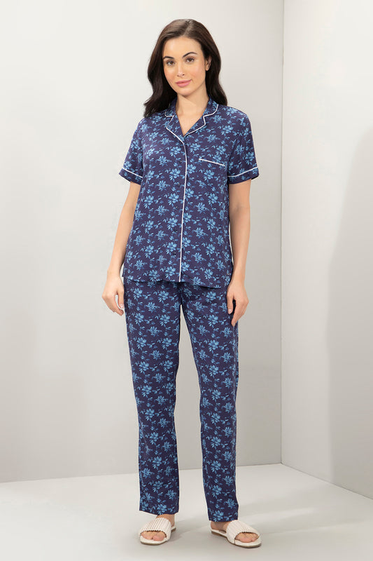 Half-Sleeves Sleep PJ Set - Blue Floral Print