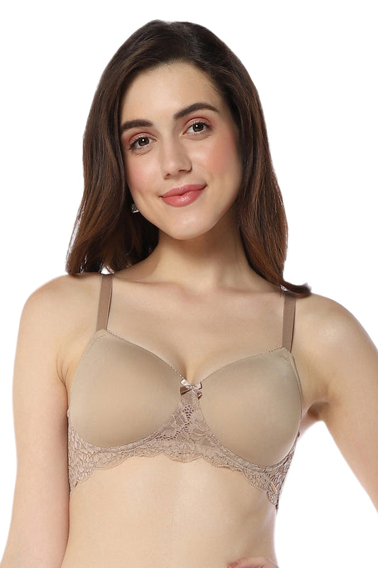 Lace Elegance Padded Non-Wired Bra - Stucco