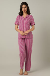 Half-sleeves Sleep PJ Set - Fuchsia Stripe Print thumbnail 1