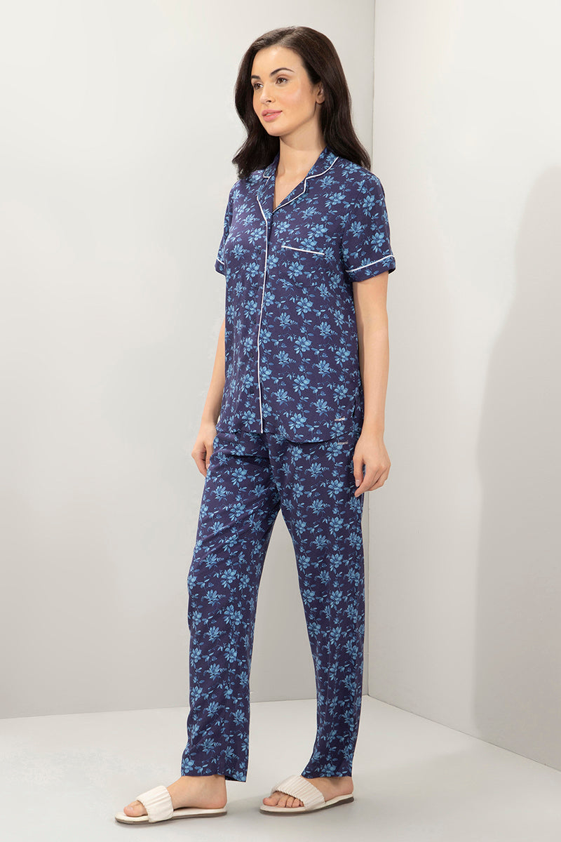 Half-Sleeves Sleep PJ Set - Blue Floral Print