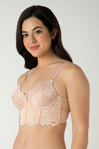 Femme Lace Padded Non-Wired Longline Bra - Dusty Pink thumbnail 2
