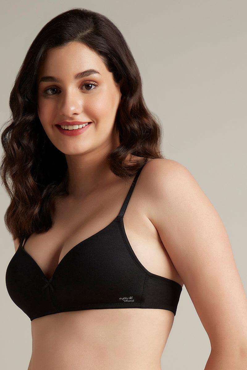 Smooth Style Padded Non-Wired Cotton Bra - Black