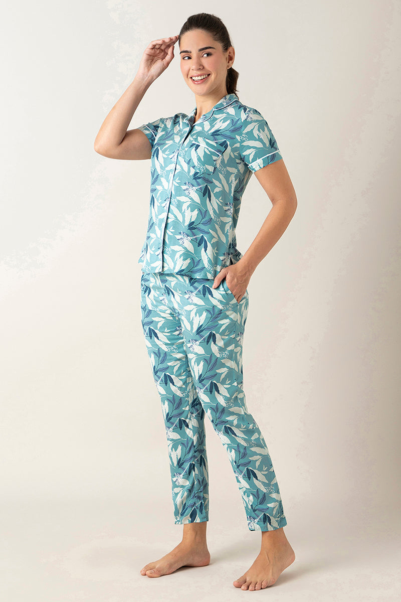 Half-Sleeves Sleep PJ Set - Cameo Leaf Print