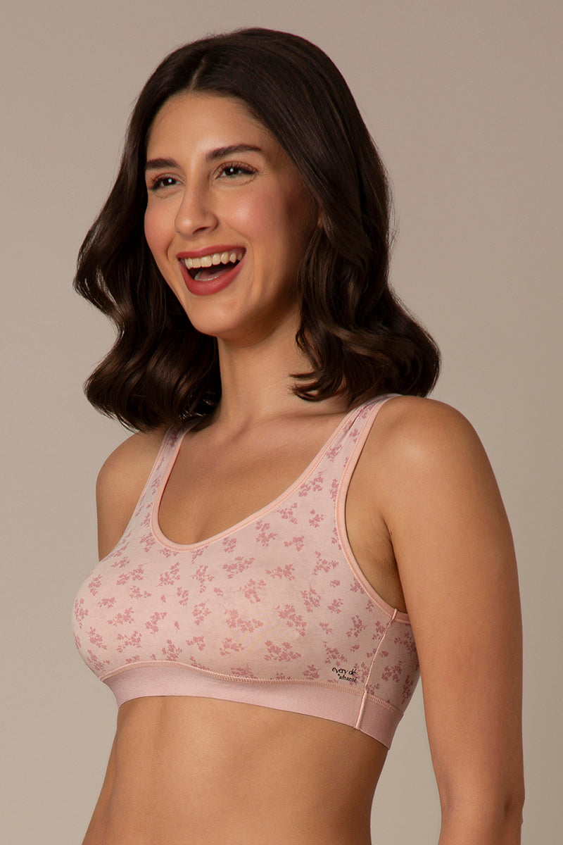Easy Slip-On Non-Padded Non-Wired Cotton Bra - Pink Floral Print