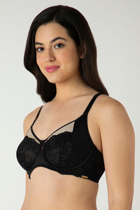 Glam Floral Non-Padded Wired Minimizer Bra - Black thumbnail 2