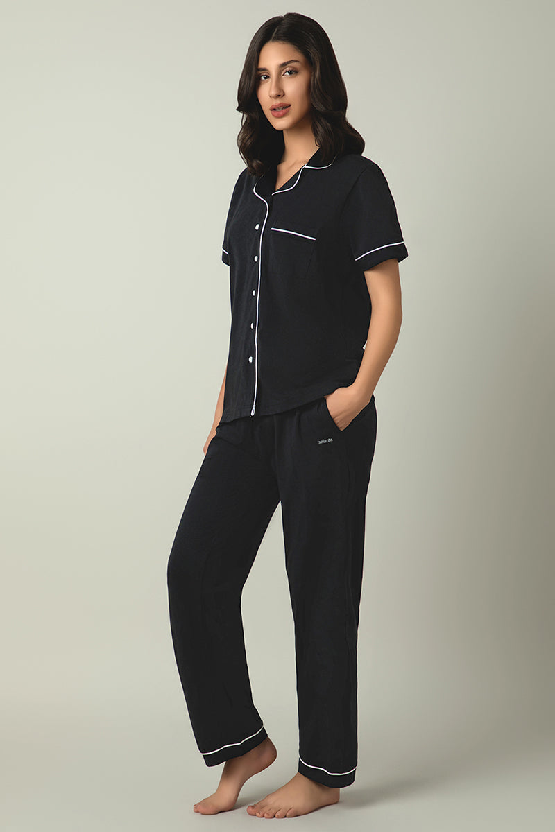 Sleep Button Down PJ Set - Black - Image 2 of 6
