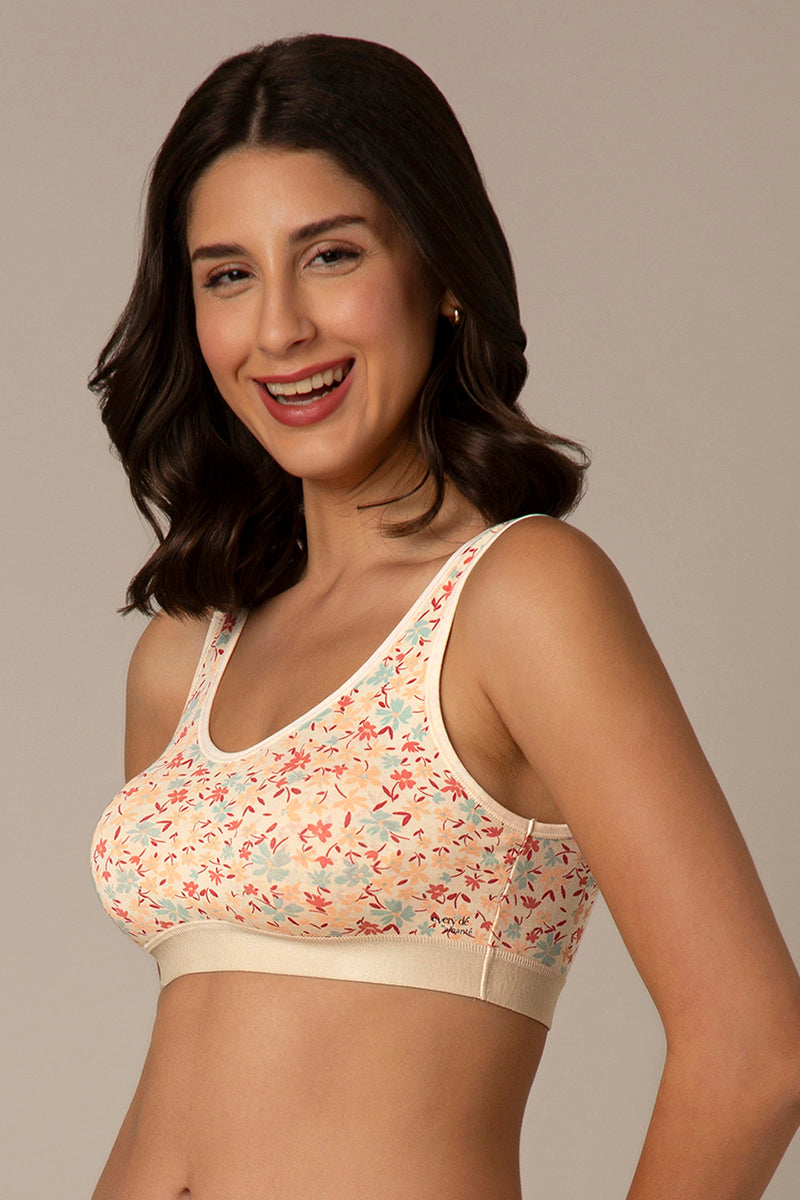 Easy Slip-On Non-Padded Non-Wired Cotton Bra - Daisy Print