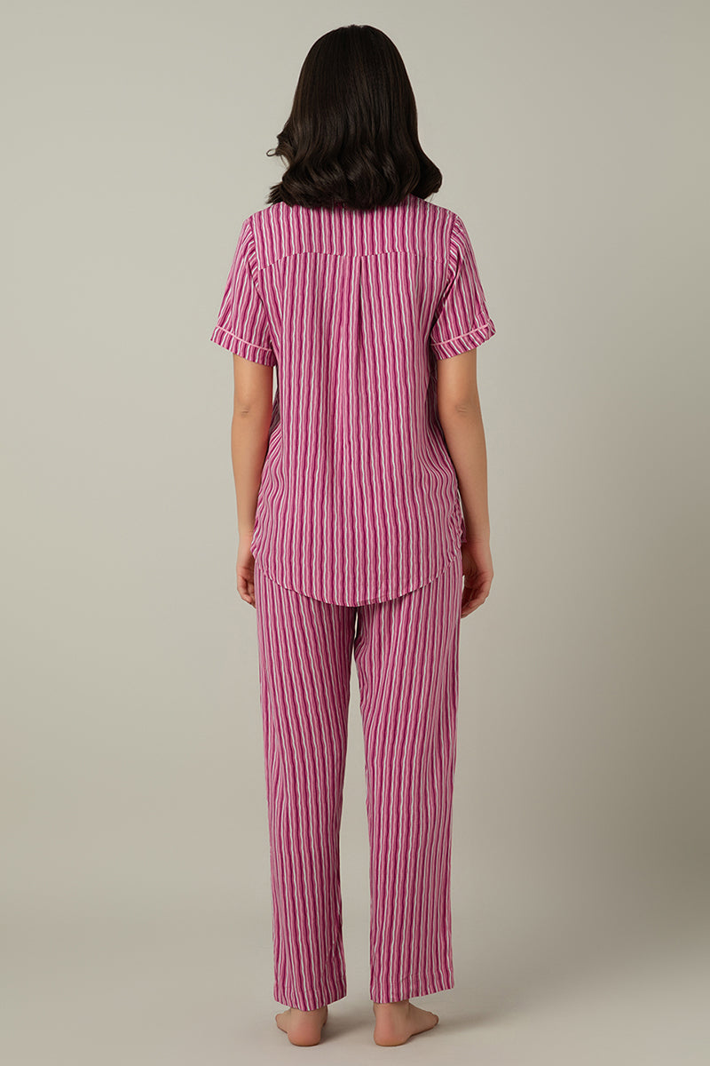 Half-sleeves Sleep PJ Set - Fuchsia Stripe Print