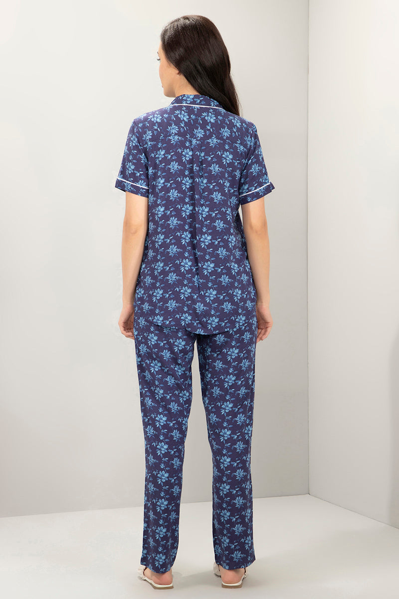 Half-Sleeves Sleep PJ Set - Blue Floral Print