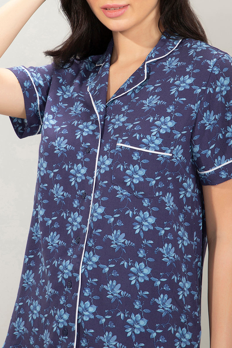 Half-Sleeves Sleep PJ Set - Blue Floral Print