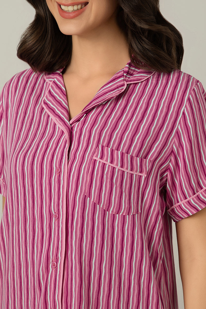 Half-sleeves Sleep PJ Set - Fuchsia Stripe Print