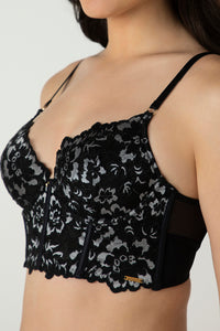 Femme Lace Padded Non-Wired Longline Bra - Black thumbnail 4