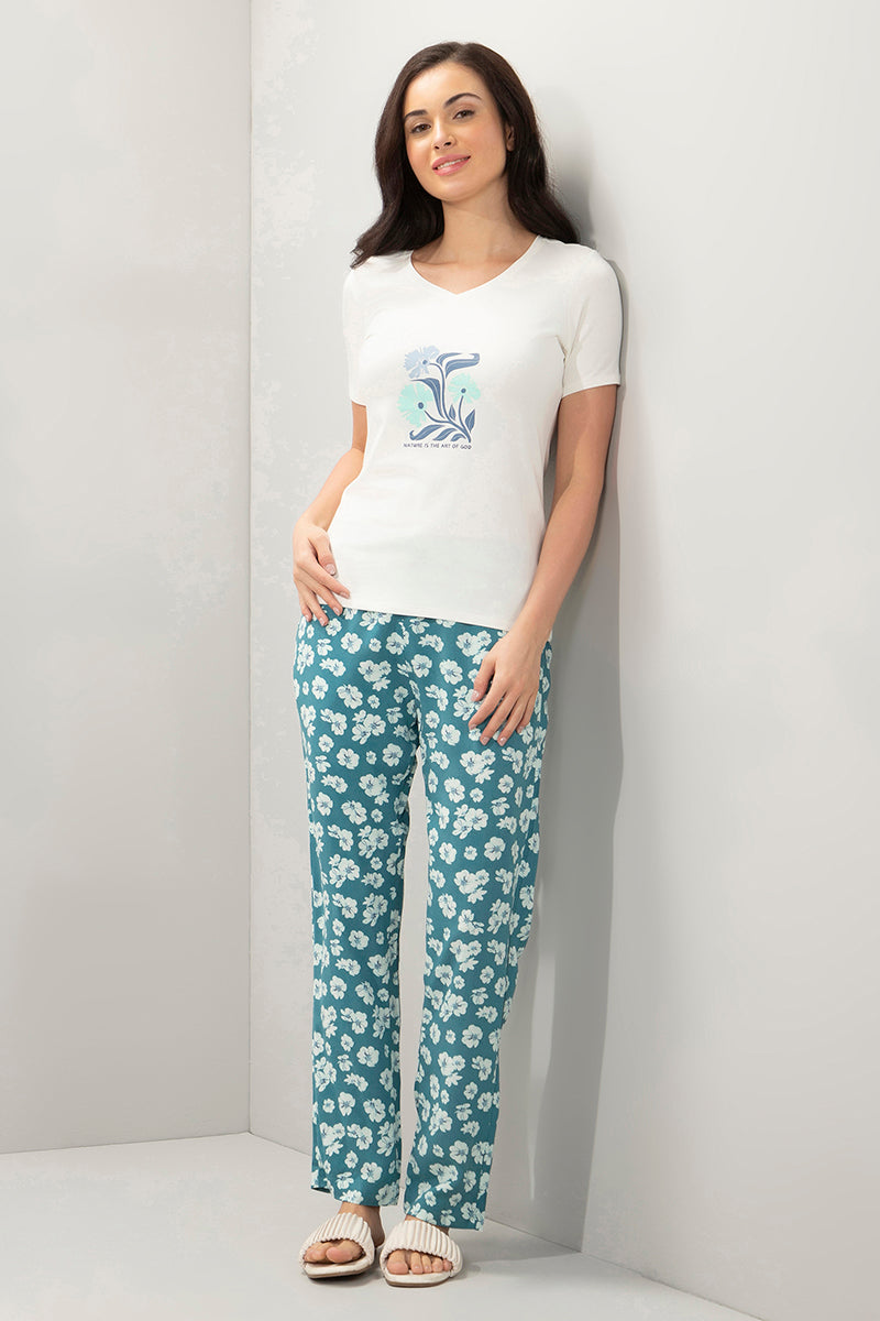 Full Length Pyjama Bottom - Storm Blue Floral Print