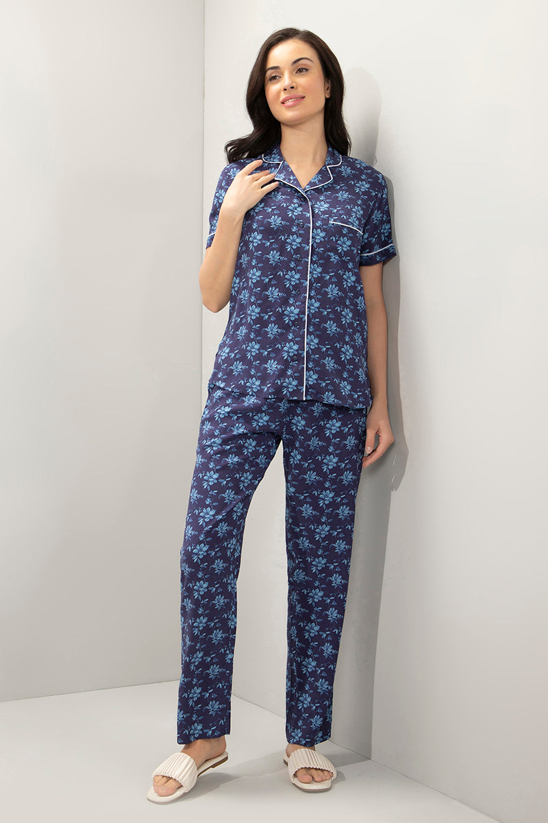 Half-Sleeves Sleep PJ Set - Blue Floral Print