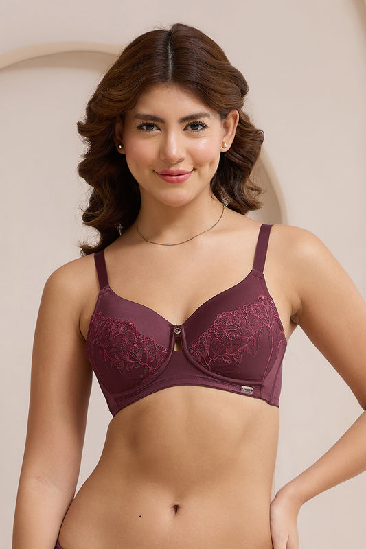 Radiant Lace Padded Non-Wired Bra - Burgandy