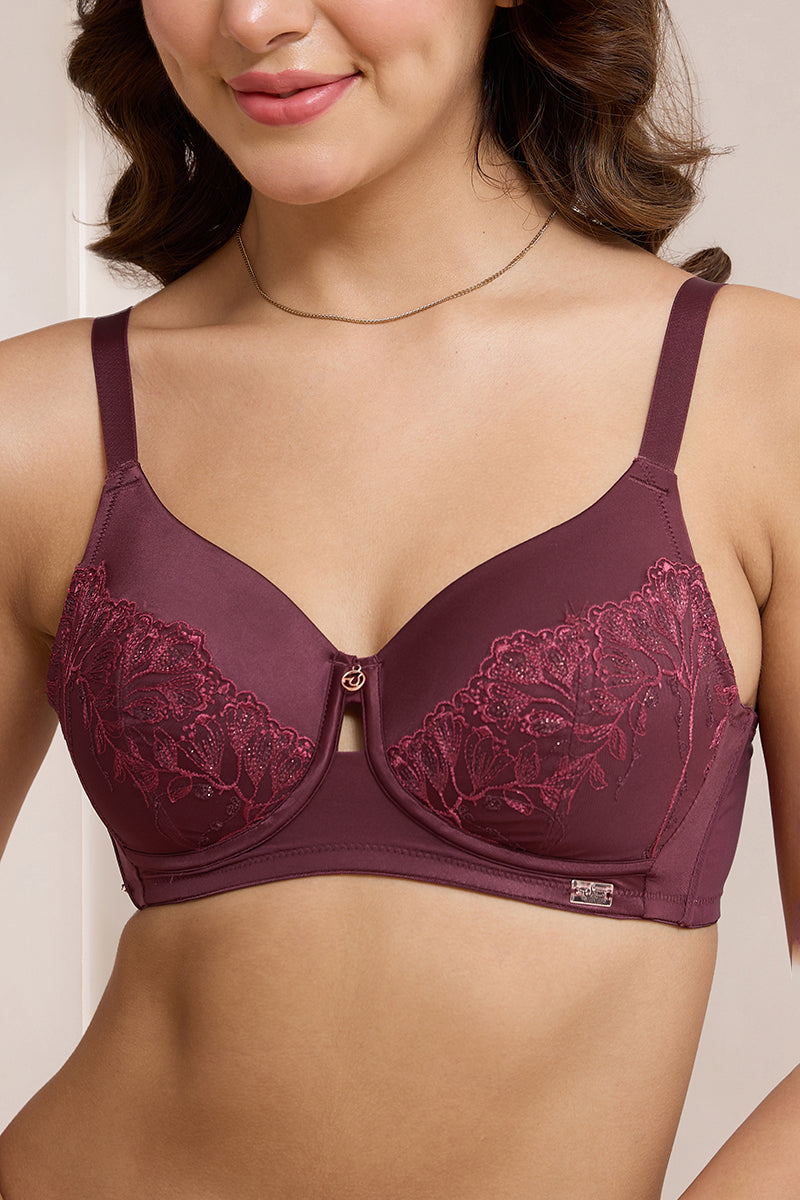 Radiant Lace Padded Non-Wired Bra - Burgandy