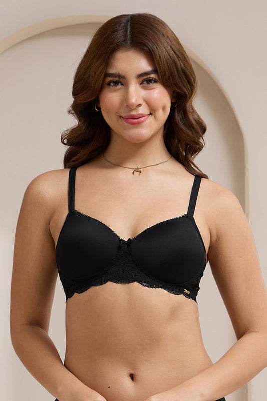 Lace Elegance Padded Non-Wired Bra - Black