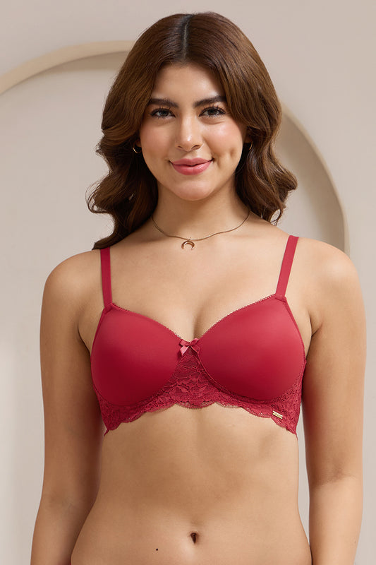 Lace Elegance Padded Non-Wired Bra - Jester Red
