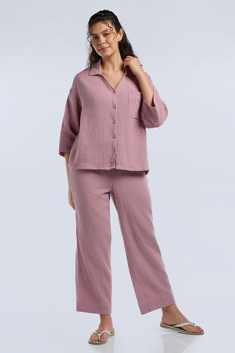 Crinkle Comfort Lounge Set - WOODROSE - PINK - Image 2 of 7