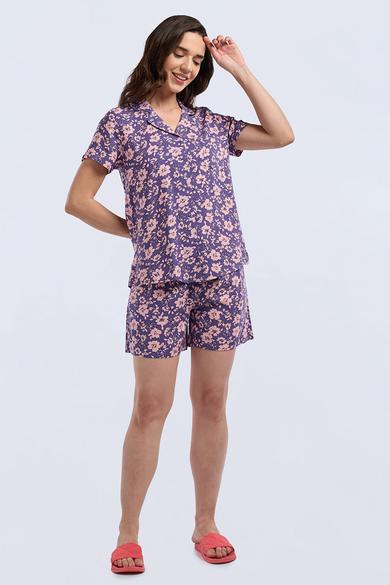 Sleep Shorts Set - Grape Floral Print