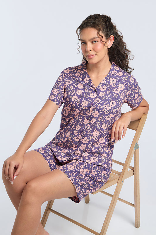 Sleep Shorts Set - Grape Floral Print