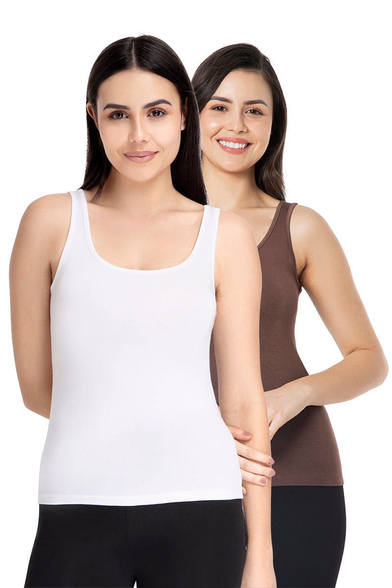Solid High Coverage Round Neck Modal Vest (Pack of 2) - Cacao Nibs - White