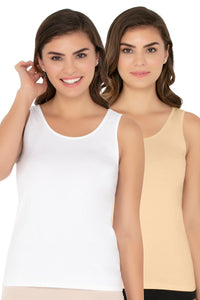 Broad Strapped Body Hugging Cotton Tank Top (Pack of 2) - Nude-White - color option