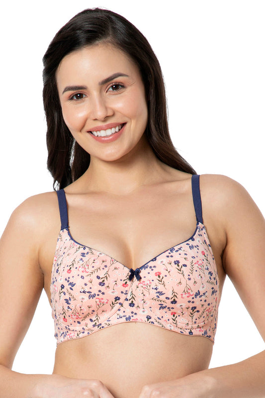 Floral Print Non-padded Cotton Bra For Ladies, Pink And White