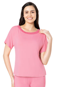 Satin Edge Half Sleeve Round Neck Sleep Top - Cashmere Rose - color option