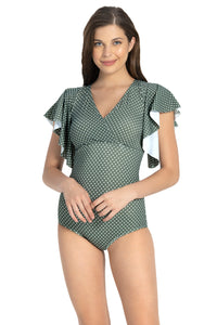 Ruffle Sleeve One Piece Swimwear - Olive-Polka-Pr thumbnail 1
