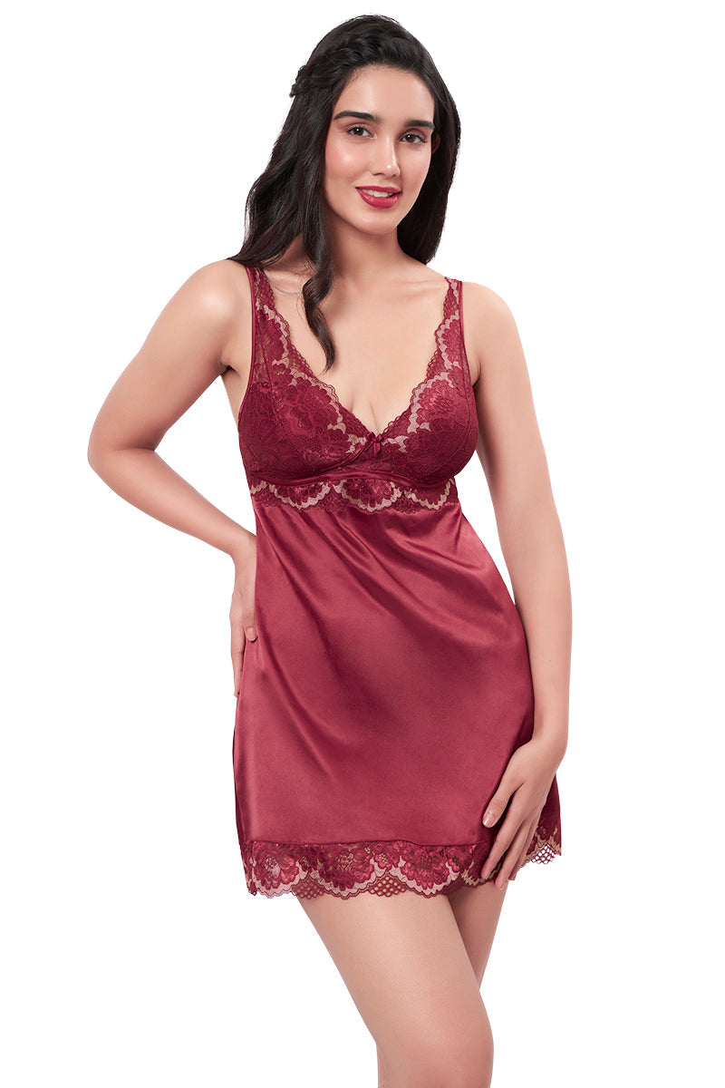 Eternal Bliss Satin Lace Babydoll - Red Berry