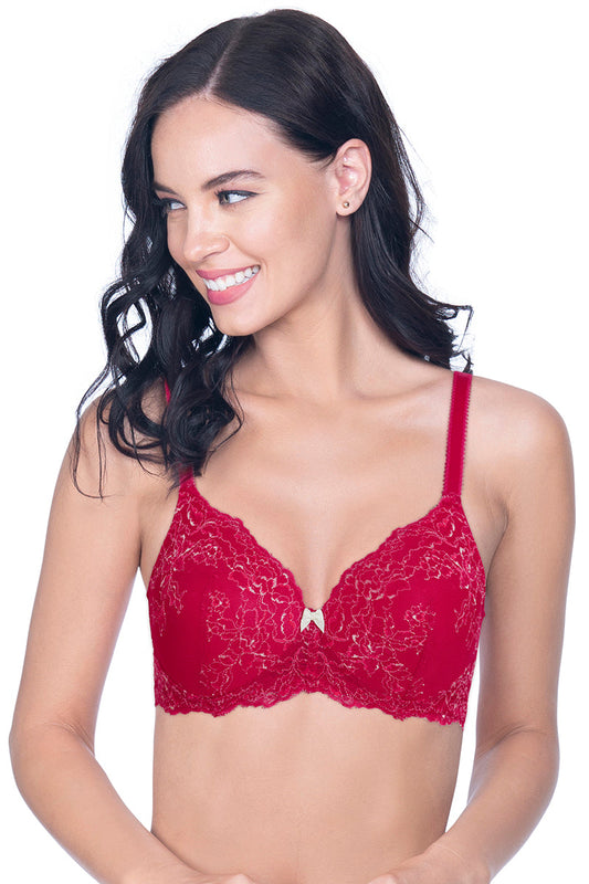 Lace Delight Padded Non-wired Lace Bra - Red Obsession