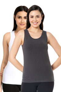 Broad Strapped Body Hugging Cotton Tank Top (Pack of 2) - Pinstripe Grey - White - color option