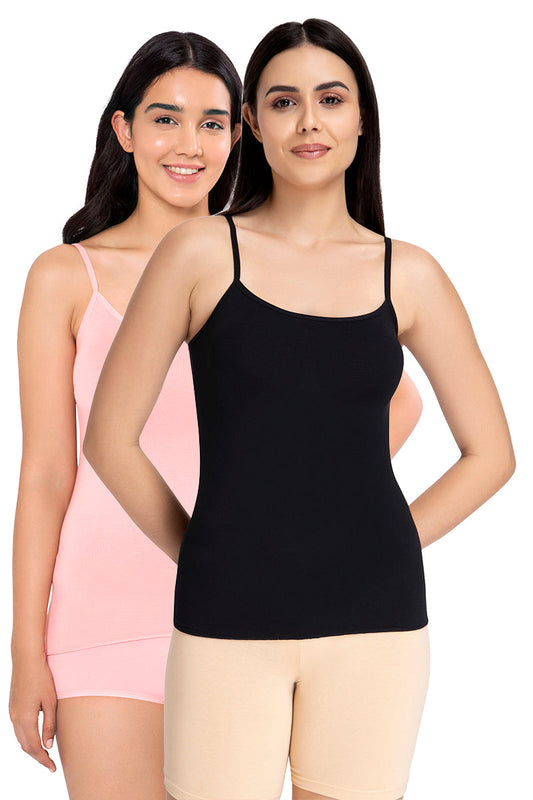 Spaghetti Strap Body Hugging Modal Camisole (Pack of 2) - Black - Impatiens Pink