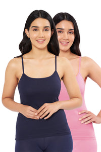 Solid High Coverage Round Neck Cotton Camisole (Pack of 2) - Midnight - Wild Rose - color option