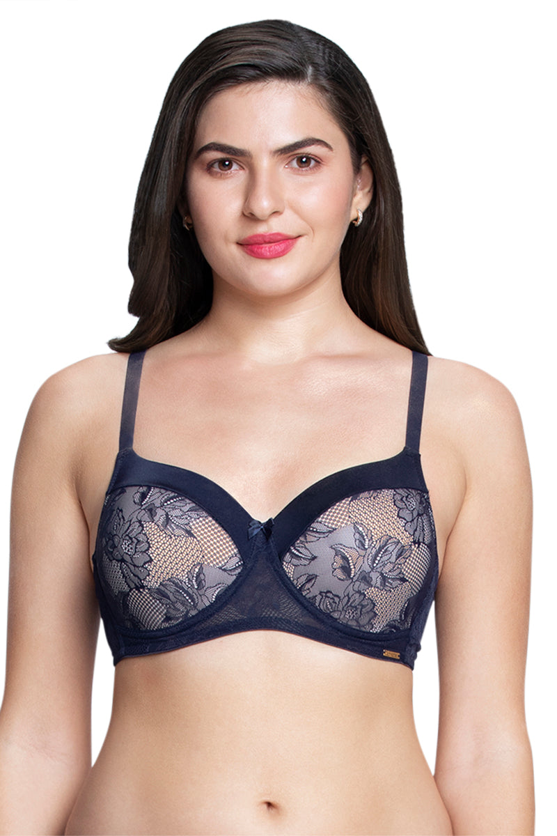 Satin Touch Padded Non-Wired Lace Bra - Evening Blue