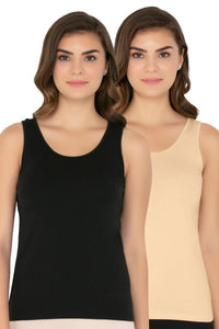 Broad Strapped Body Hugging Cotton Tank Top (Pack of 2) - Black-Nude thumbnail 1