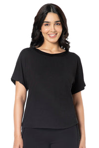 Satin Edge Half Sleeve Round Neck Sleep Top - Black - color option