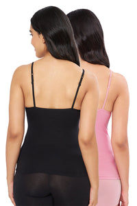 Solid High Coverage Round Neck Cotton Camisole (Pack of 2) - Black - Wild Rose thumbnail 2