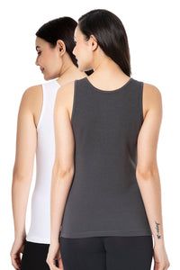 Broad Strapped Body Hugging Cotton Tank Top (Pack of 2) - Pinstripe Grey - White thumbnail 2