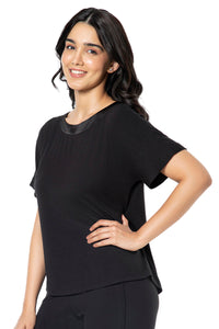 Satin Edge Half Sleeve Round Neck Sleep Top - Black thumbnail 2