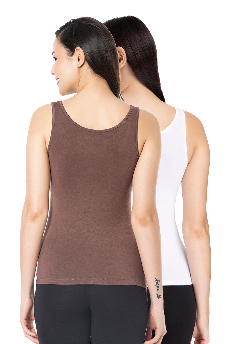 Solid High Coverage Round Neck Modal Vest (Pack of 2) - Cacao Nibs - White