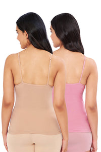 Solid High Coverage Round Neck Cotton Camisole (Pack of 2) - Nude - Wild Rose thumbnail 2