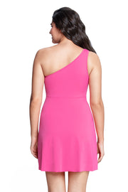 One Shoulder Neck Padded Swim Dress - Fandango Pink