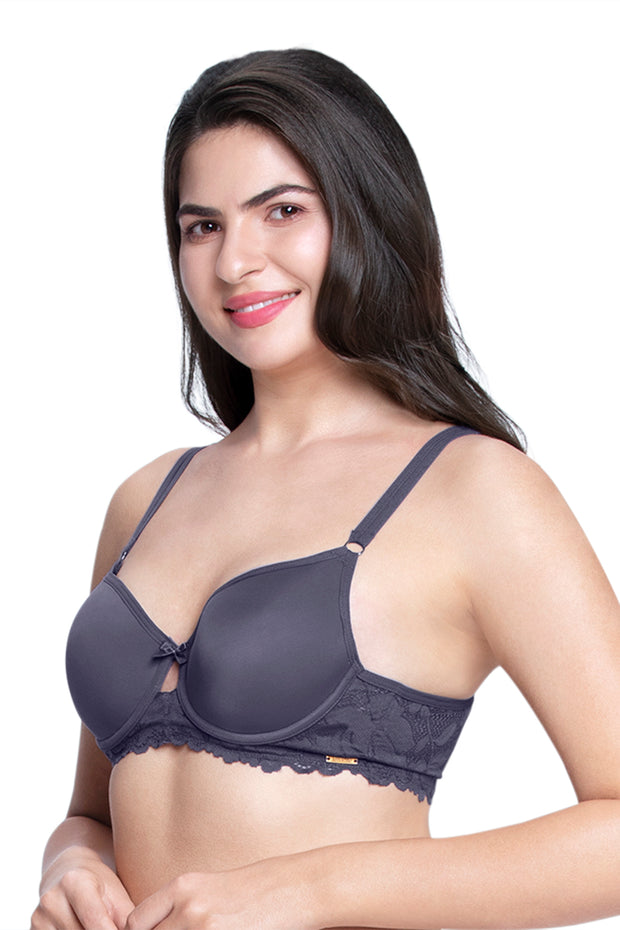 Strappy Bliss Solid Padded wired Lace Bra - Graystone