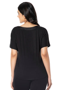 Satin Edge Half Sleeve Round Neck Sleep Top - Black thumbnail 3